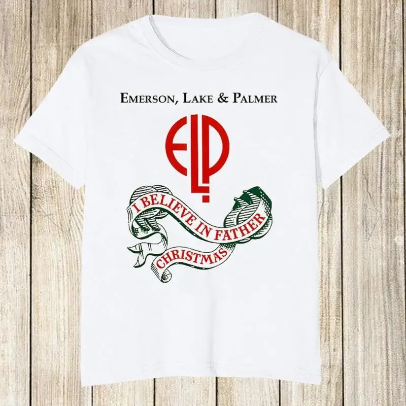 Camiseta blanca de Emerson Lake Palmer con el mensaje «Creo en Papá Noel» OM266.