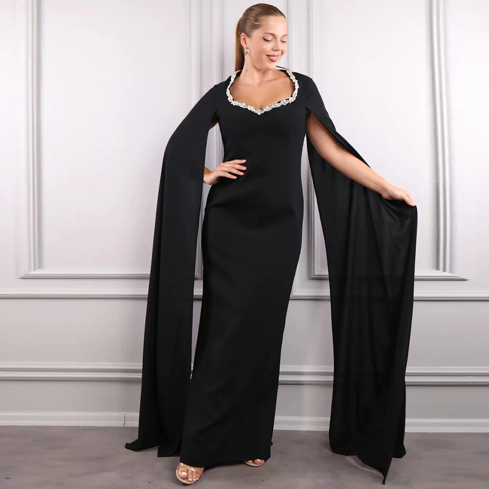 

Classic Mother Of The Bride Dresses Jersey Sheath/Column Evening Dress Black Cloak Sleeves O-Neck Rhinestones Prom Gown Maxi