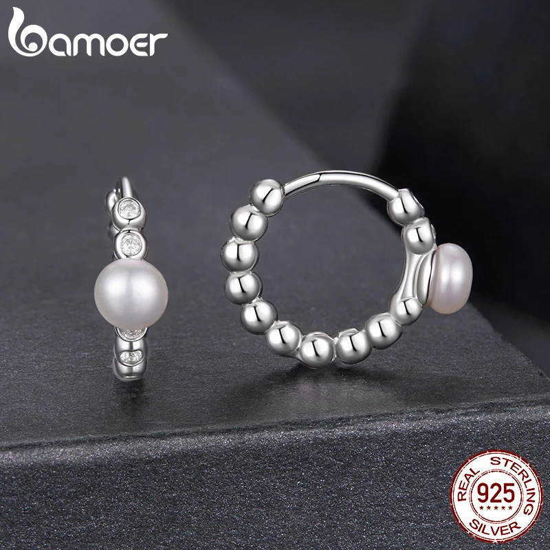 

BAMOER Bezel Moissanite Hoop Earrings Natural Pearl Huggie Earring 925 Sterling Silver Jewelry for Women Brilliant Xmas Gift