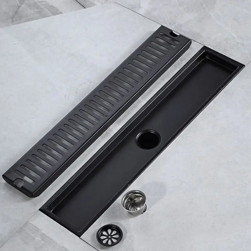Bathroom Shower Floor Drain Rectangular 304 Stainless Steel 10cm Wide Anti Odor Type Large Drainage Black Floor Drain