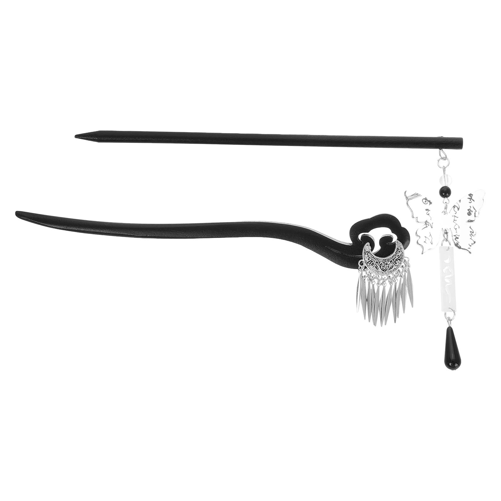 

2pcs Elegant Wood Hairpins With Butterfly Moon Decor Decorative Hair Sticks For Updo Styling Traditional Chinese Hanfu Hair