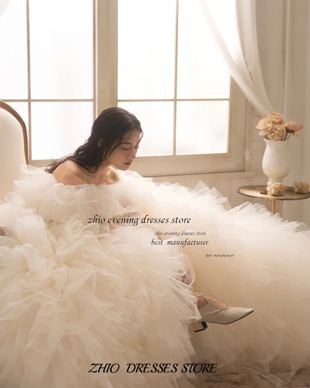 ZHIO Off Shoulder Champagne Tulle Ball Gown with Ruffles Puffy Sleeves Black Bow Bridal Prom Dress Custom Wedding Dress