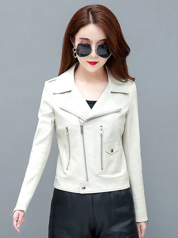 الخريف الشتاء المرأة فو بولي معطف معطف جلد سيدة عادية الأحمر دراجة نارية سترة خمر التلبيب قصيرة السائق سترة