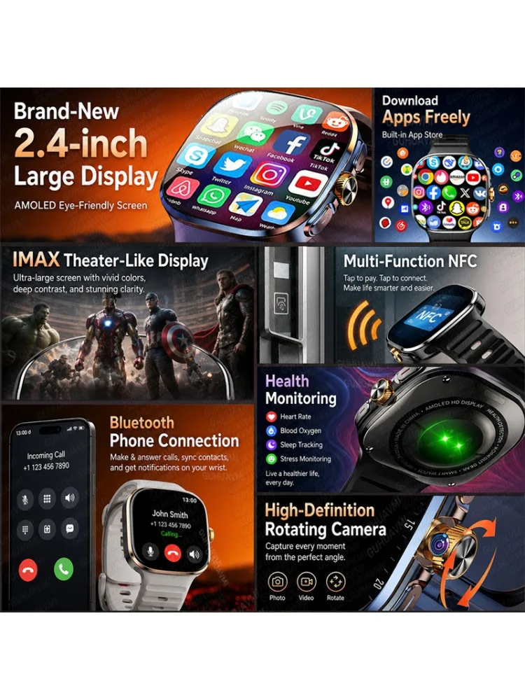 2026 Nowy Smartwatch z Kartą SIM 5G dla Mężczyzn, HD Podwójna Kamera, 64GB ROM, NFC, GPS, Wifi, Sportowy, Wodoodporny, Google Play, Inteligentna Bransoletka — 2