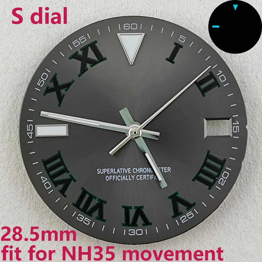 Nh35 relógio s dial 28.5mm dial numeral romano + ponteiro azul verde pontos luminosos adequado para nh35/nh36/4r movimento relógio dial