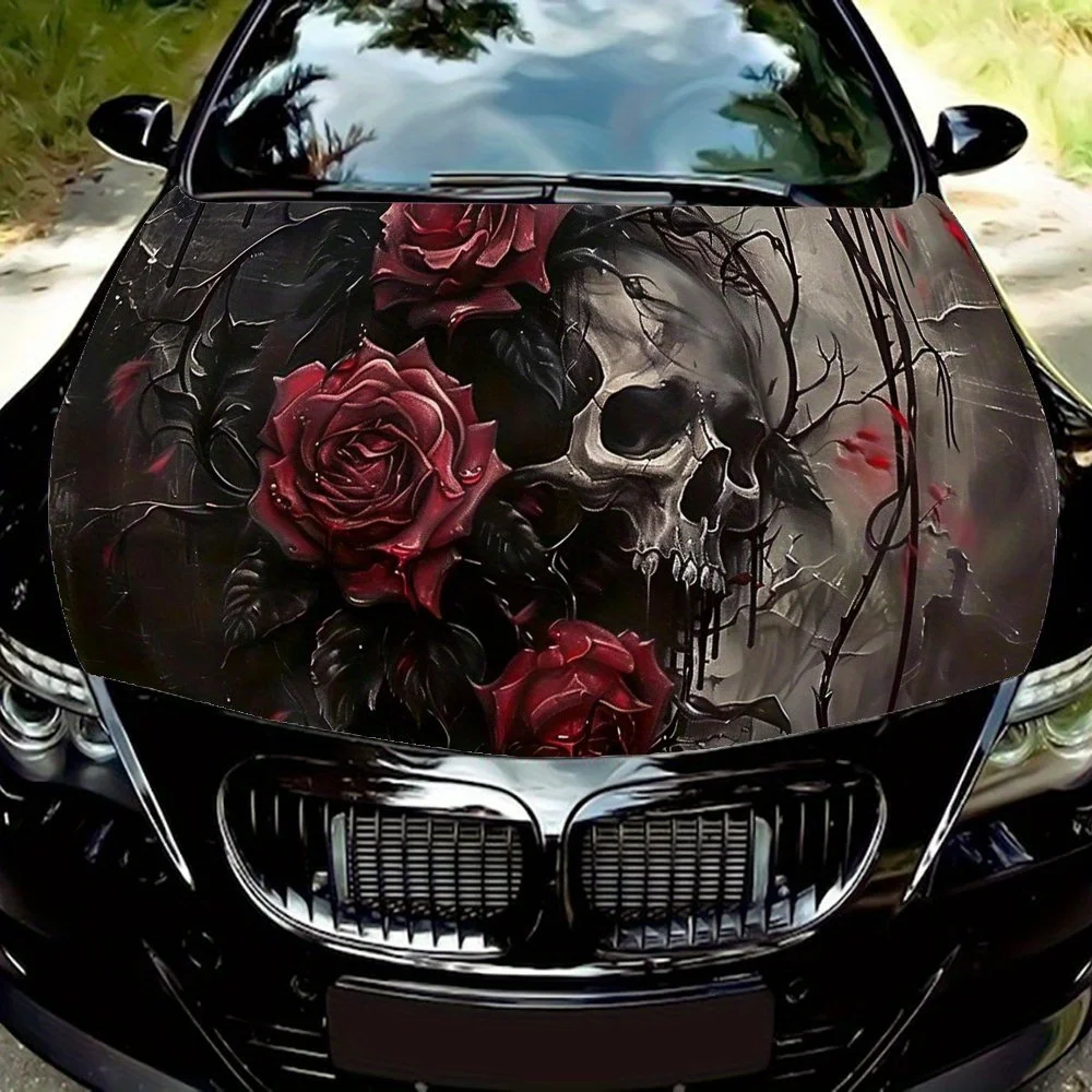 

Виниловая пленка для автомобиля с принтом темного искусства черепа и красной розы, водонепроницаемая наклейка на капот автомобиля из ПВХ, самоклеящиеся устойчивые к царапинам наклейки для Engi