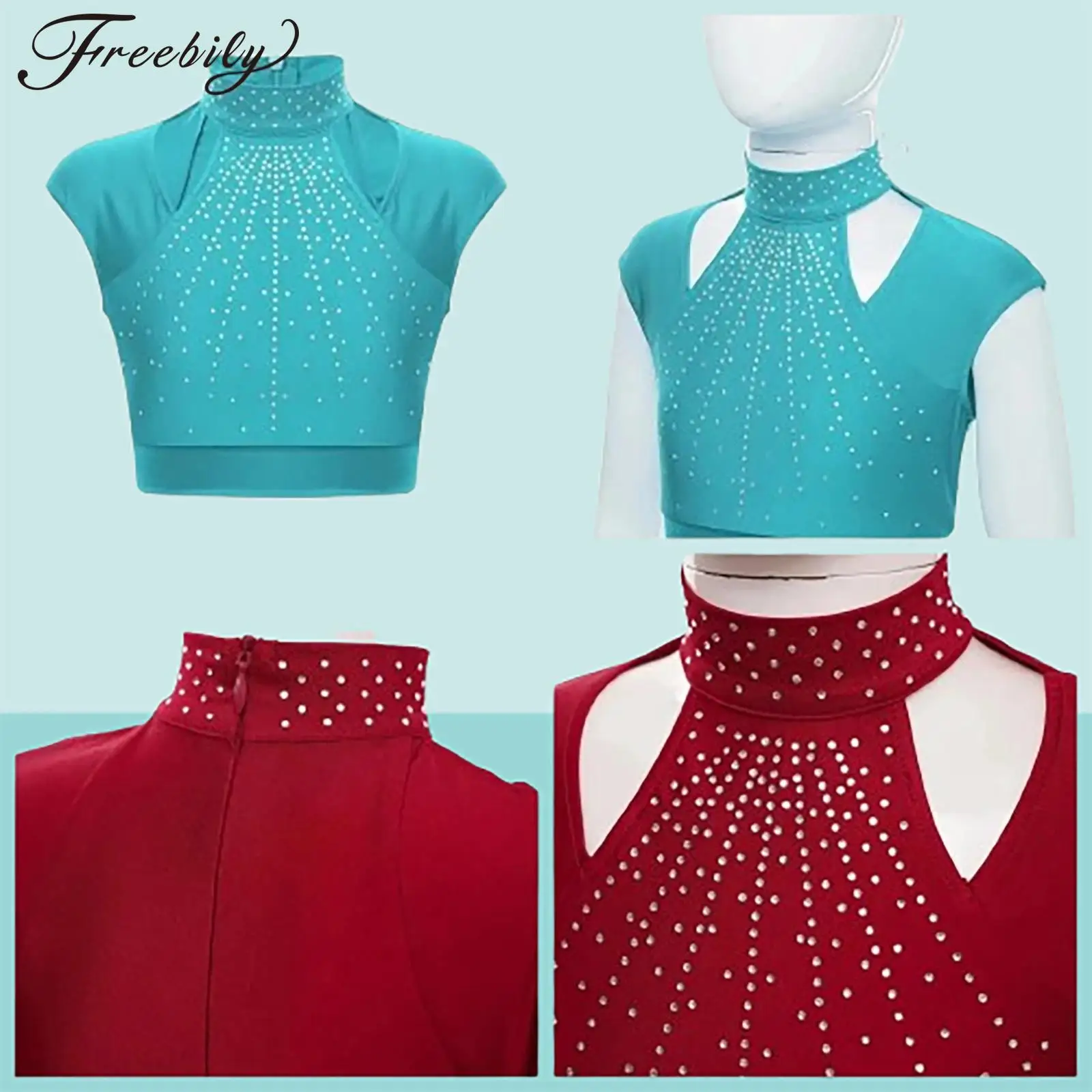 

Kids Girls Ballet Gymnastics Dance Crop Top Cutout Shiny Rhinestones Sleeveless Tops for Figure Skating Performance Clothes