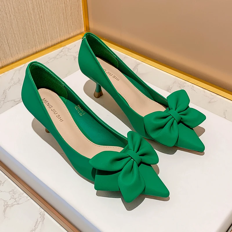 Rimocy Green Bowknot Pumps Women Slip-On Soft Pu Leather High Heels Shoes Woman Sexy Pointed Toe Thin Heeled Party Ladies Shoes