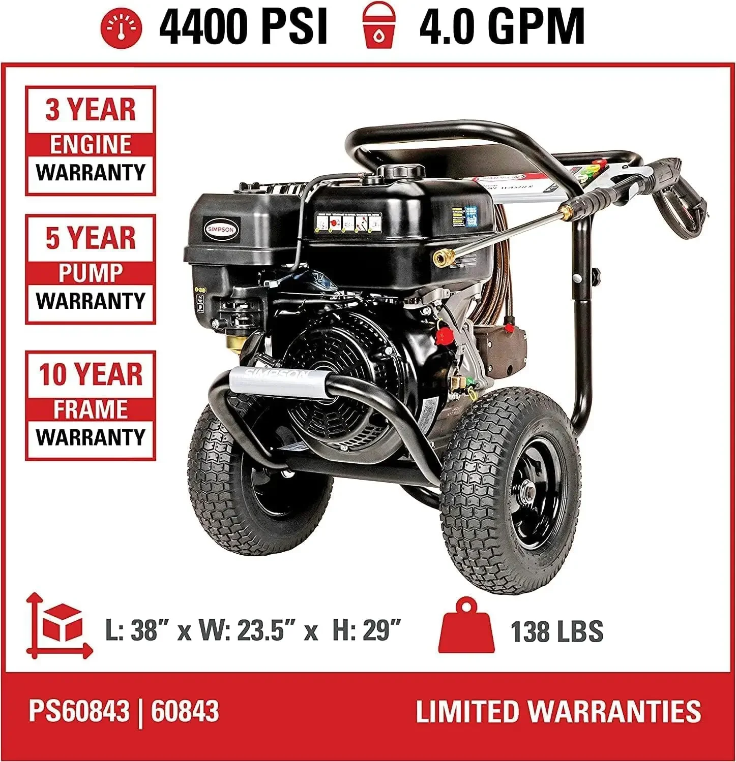 심슨 클리닝 PS60843 파워샷 4400 PSI 가스 압력 세척기, 4.0 GPM,CRX 420cc 엔진, 스프레이건 및 익스텐션 막대 포함