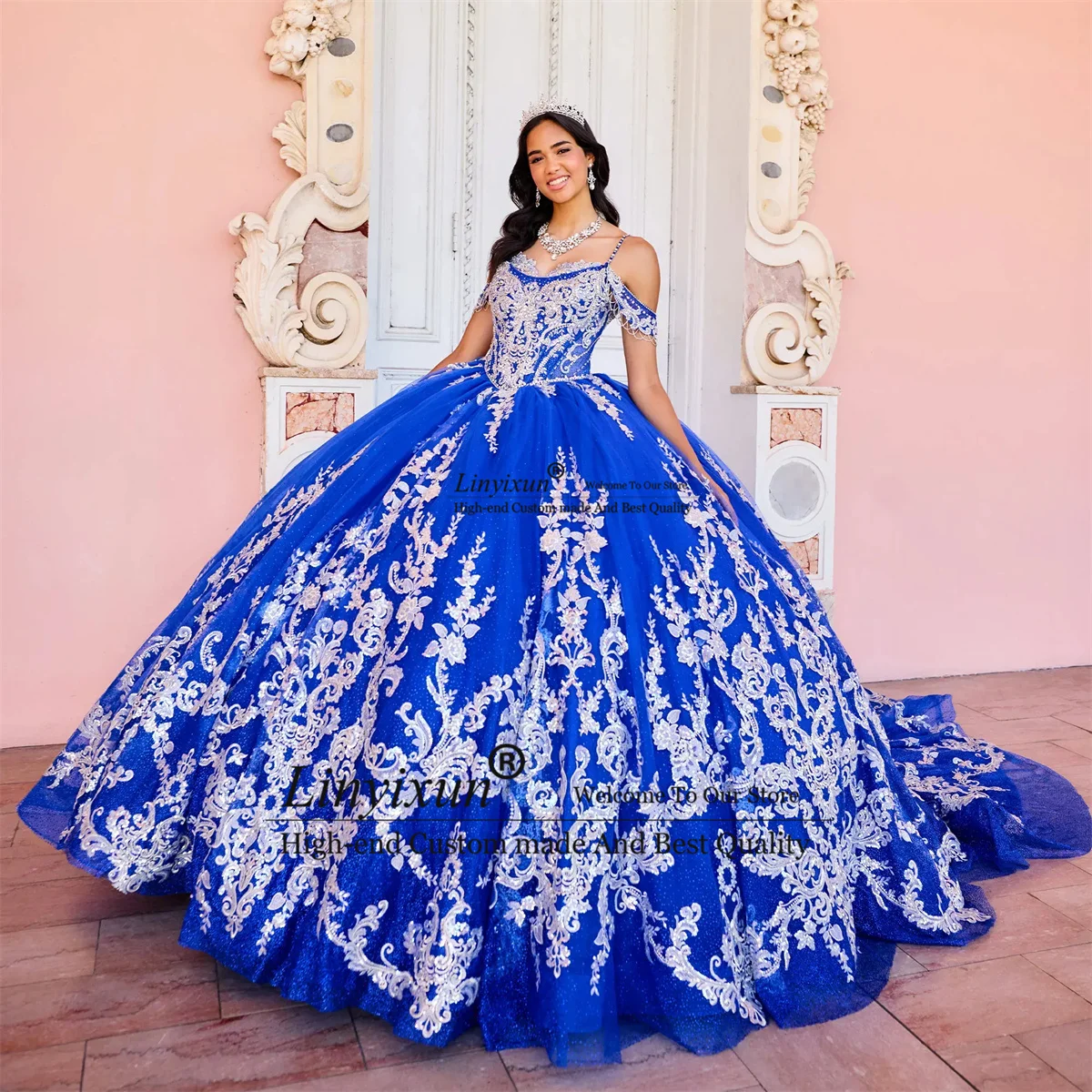 Robe Quinceanera de luxe avec appliques à paillettes, robe en tulle élégante, robe Sweet 16, train de balayage, anniversaire ouvert, éducatif, 15 ans