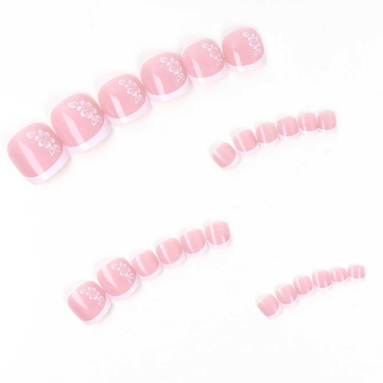 24 Uds. De uñas cortas cuadradas de color rosa con flor blanca, uñas postizas a presión en los dedos del pie, uñas francesas falsas con borde blanco
