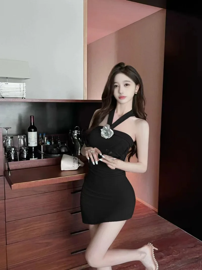 Sweet Celebrity Hanging Neck Flower Hip Wrap Dress Women Irregular Shirring Backless Collarbone Sleeveless Solid Slim Spicy Wear