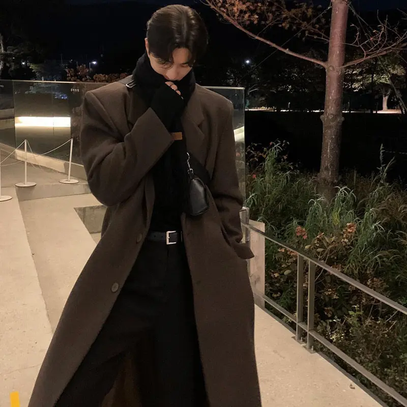 

Trendy Long Woolen Coat for Men Thiened Korean Sle Spring Autumn Winter Faionable Windbreaker Jaet Youth Warmth