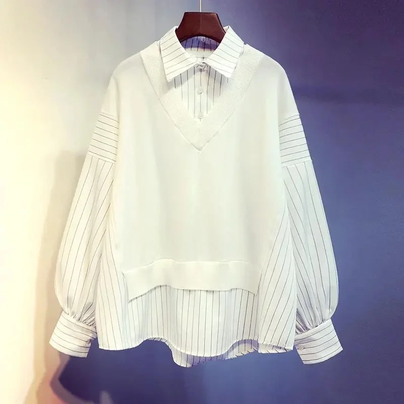 

Осенняя женская свободная блузка-имитация двойки в корейском стиле, с длинными рукавами, повседневная рубашка-пальто, весенняя модная лоскутная блузка-куртка для женщин