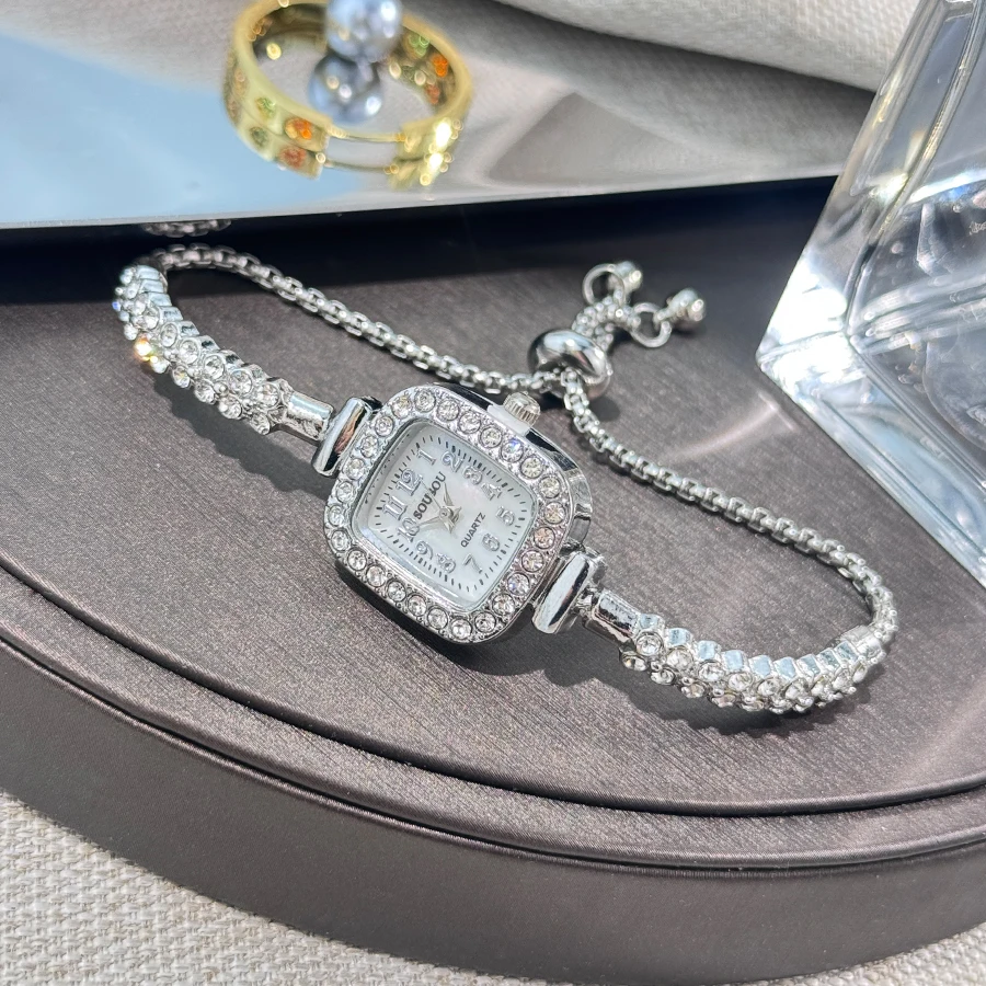 2026 Hot Sale Ladies' small square watch features a double-row diamond bracelet and Arabic numerals fashionable quartz watch