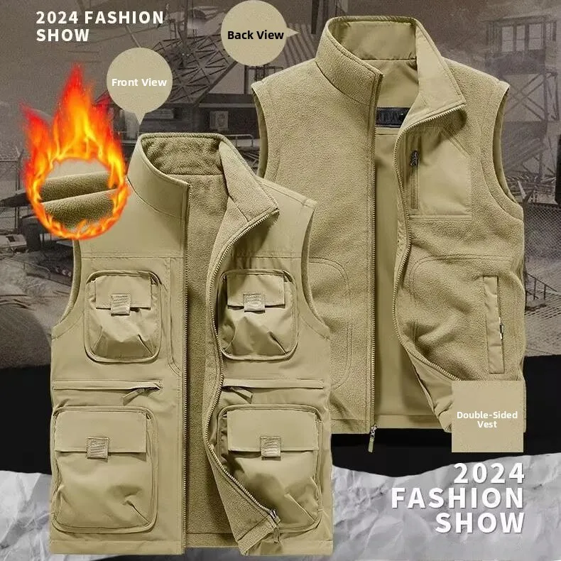 

Men's Double-Sided Wear Fce-Lined Outdoor Fiing Tactical Workwear Vest Autumn Winter Faion Urban Sle Polyester Fiber