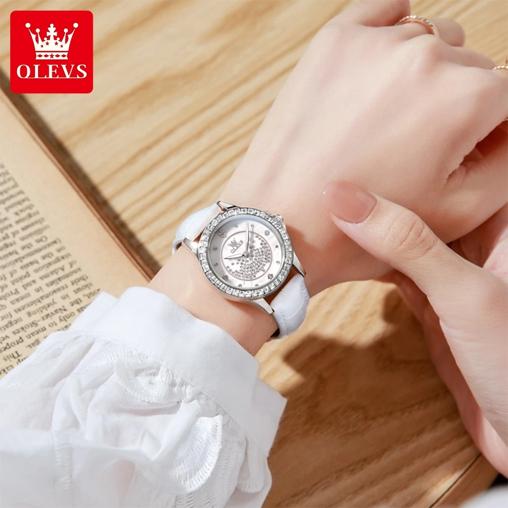 OLEVS 3715 Quartz Watch for Woman Fashion Leather Strap Waterproof Elegant Full Diamond Luxury Original Ladies Dress Wristwatch