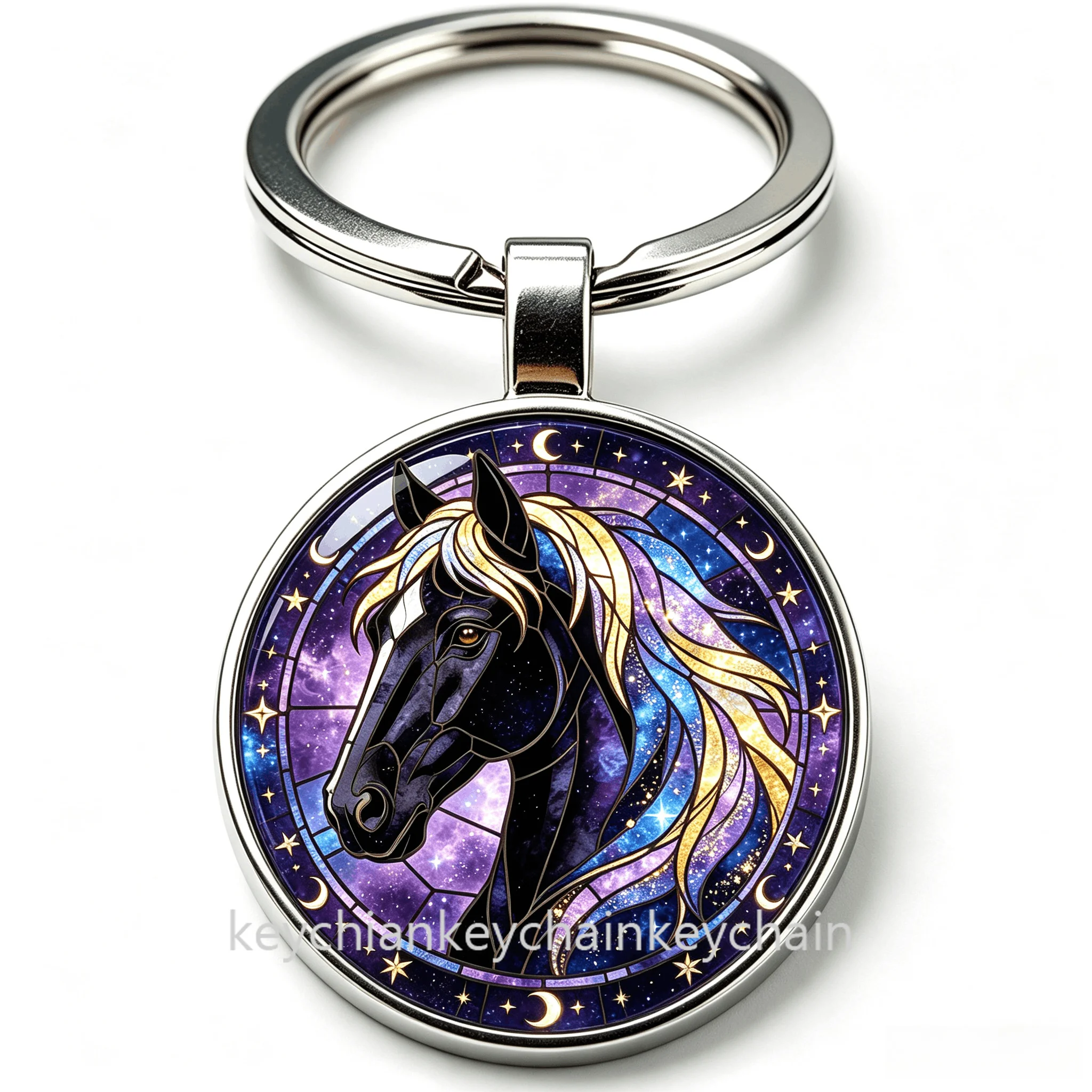 Starry Night Black Horse Keychain Key Ring Animal Bag Charm Car Key Holder Gift for Men Women