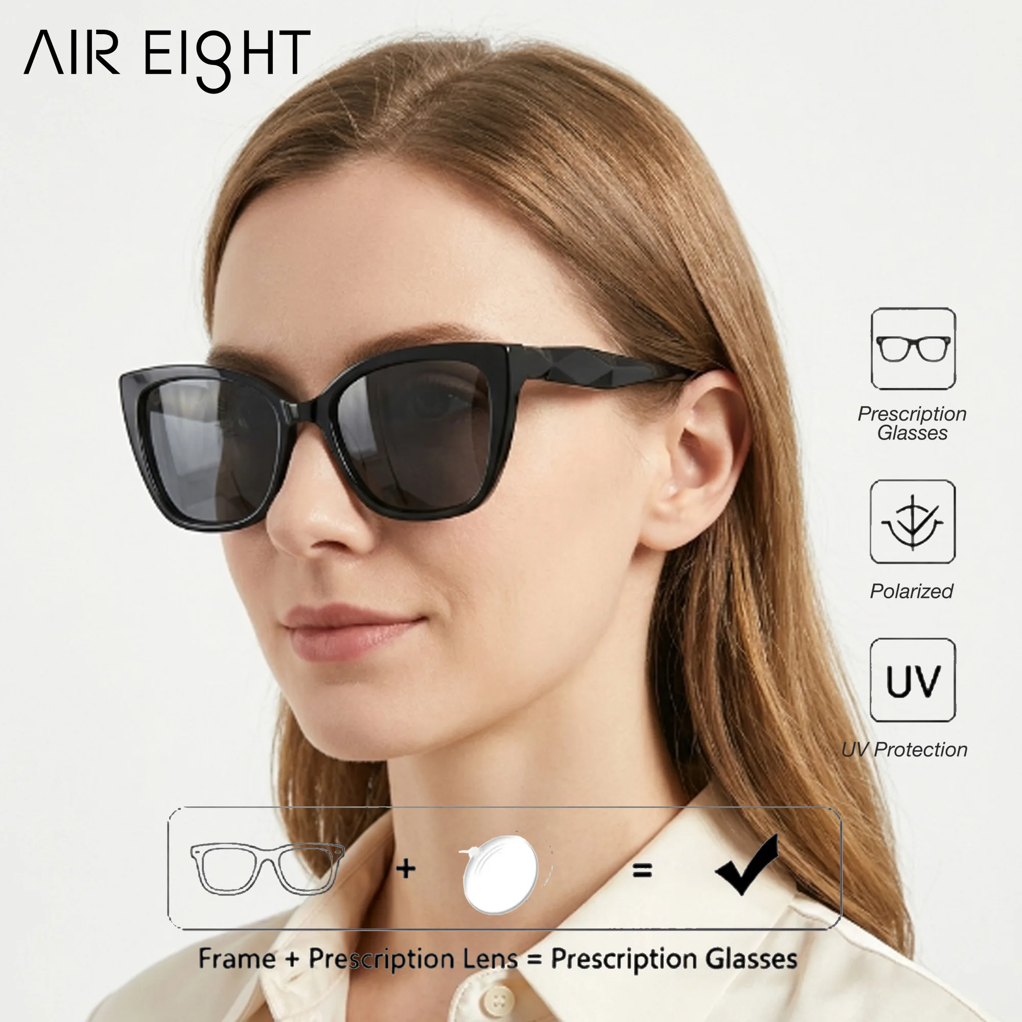 AIR EIGHT M Size Cat Eye For Women Acetate Prescription Sunglasses Polarized UV400 Vintage Stylish Daily Eyewear