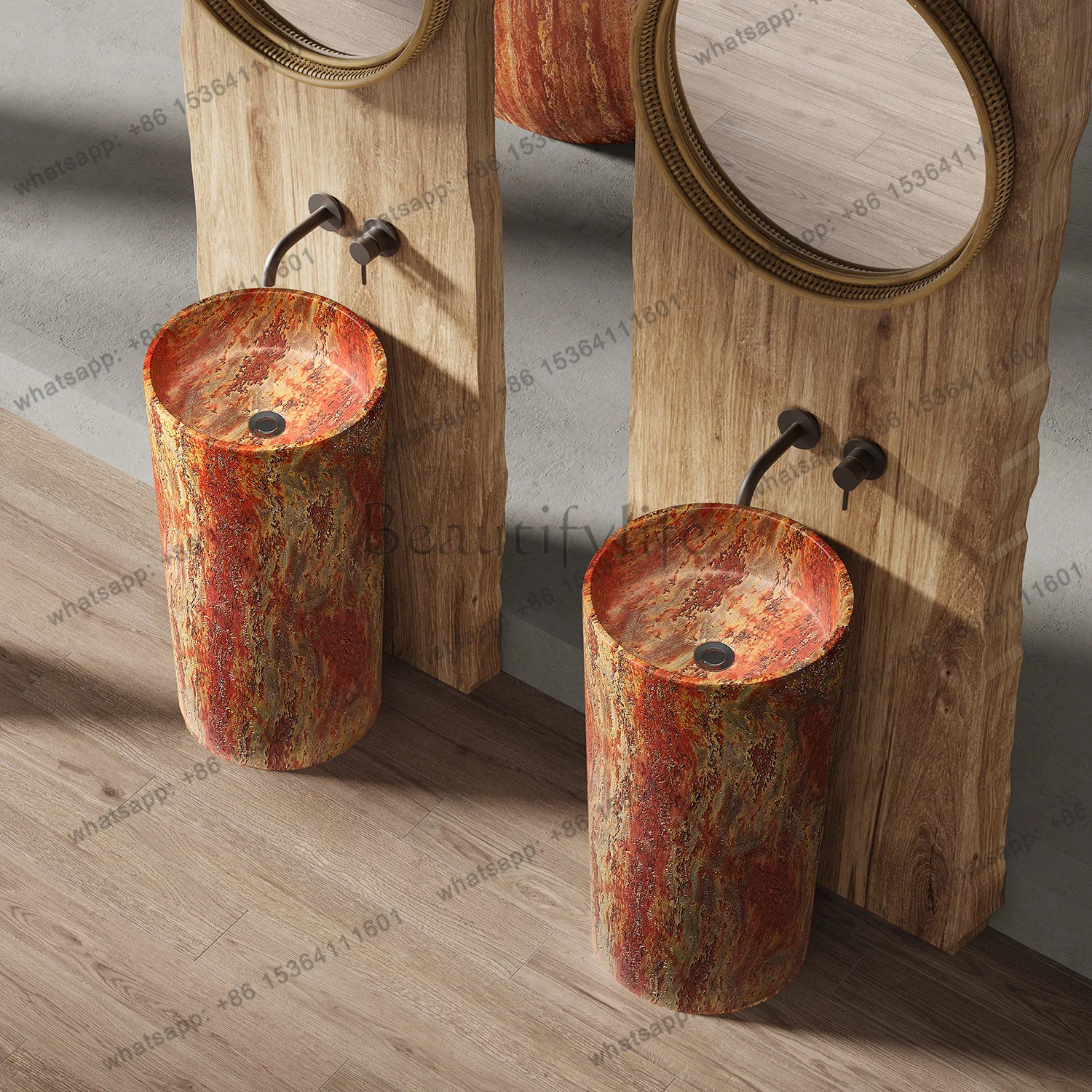 Simple red hole artificial stone column basin hotel floor-to-ceiling villa courtyard creative art wash basin