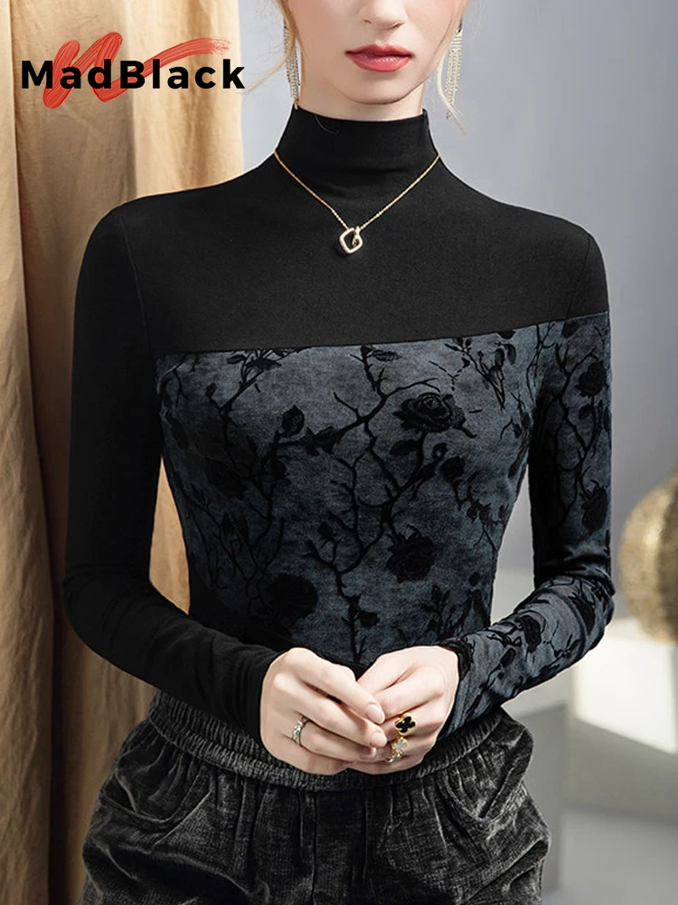 

MadBlack-Женская футболка с флокированием в европейском стиле, сексуальная водолазка с принтом в стиле пэчворк, уличная тонкая футболка с длинными рукавами, весна 2026 T5D068CC