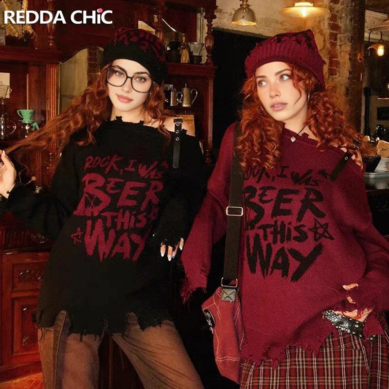 

ReddaChic графический свитер с разрушенными буквами, женский кожаный ремень с открытыми плечами, большой джемпер с необработанными краями, топ, винтажный трикотаж в стиле панк