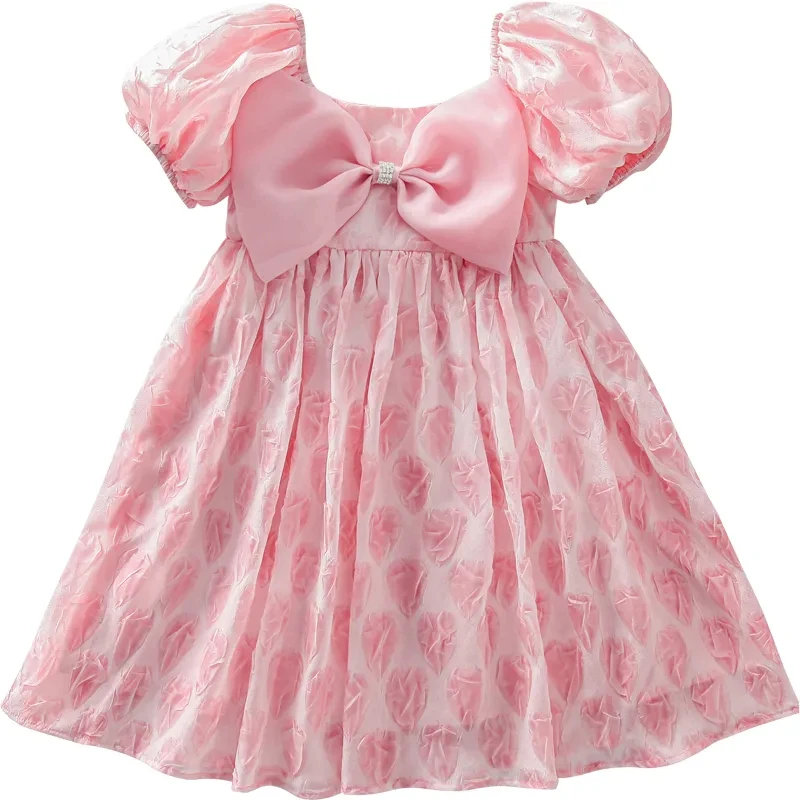 Baby Girls Dress Summer Stars Elegant Pink Princess Dress With Super Big Bow Kids Birthday Party Clothes Children Puffy Dress