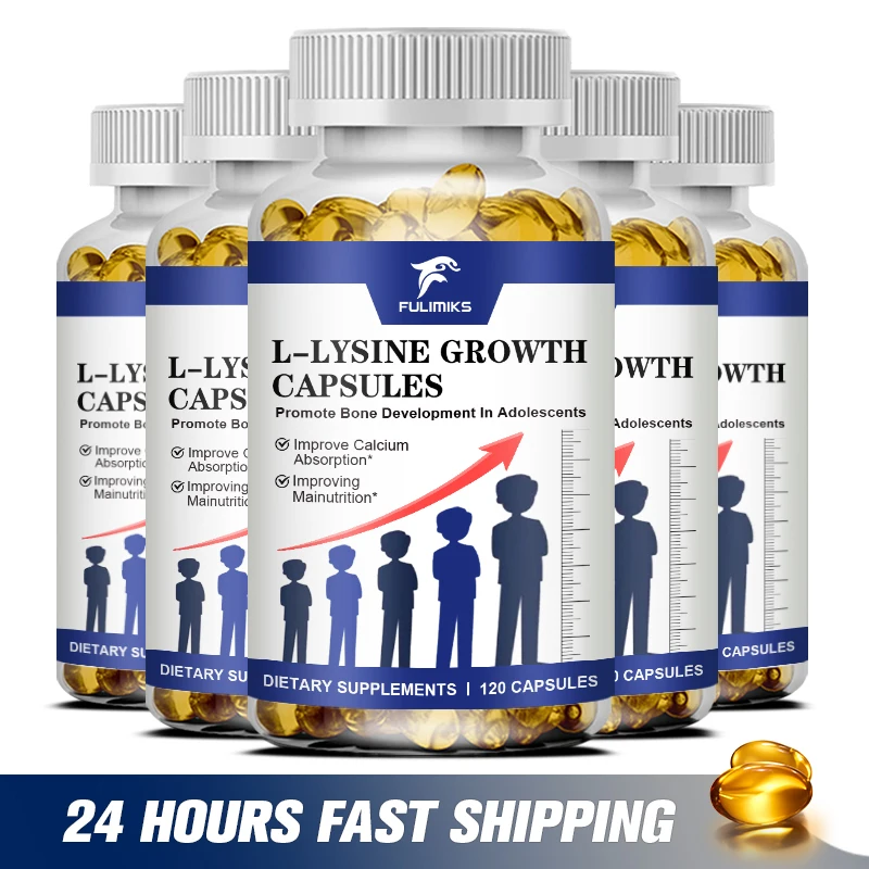 Natural Organic L-Lysine Growth Capsules Promotes Bone Health and Growth, Helps Built Collagen, Improve Calcium Absorption