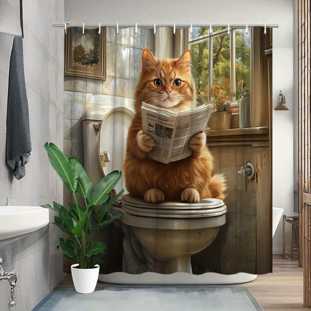 Funny Cat Reading Newspaper Shower Curtain With Toilet Scene Cute Pet Art Decor Waterproof Bathroom Gift For Cat Lovers