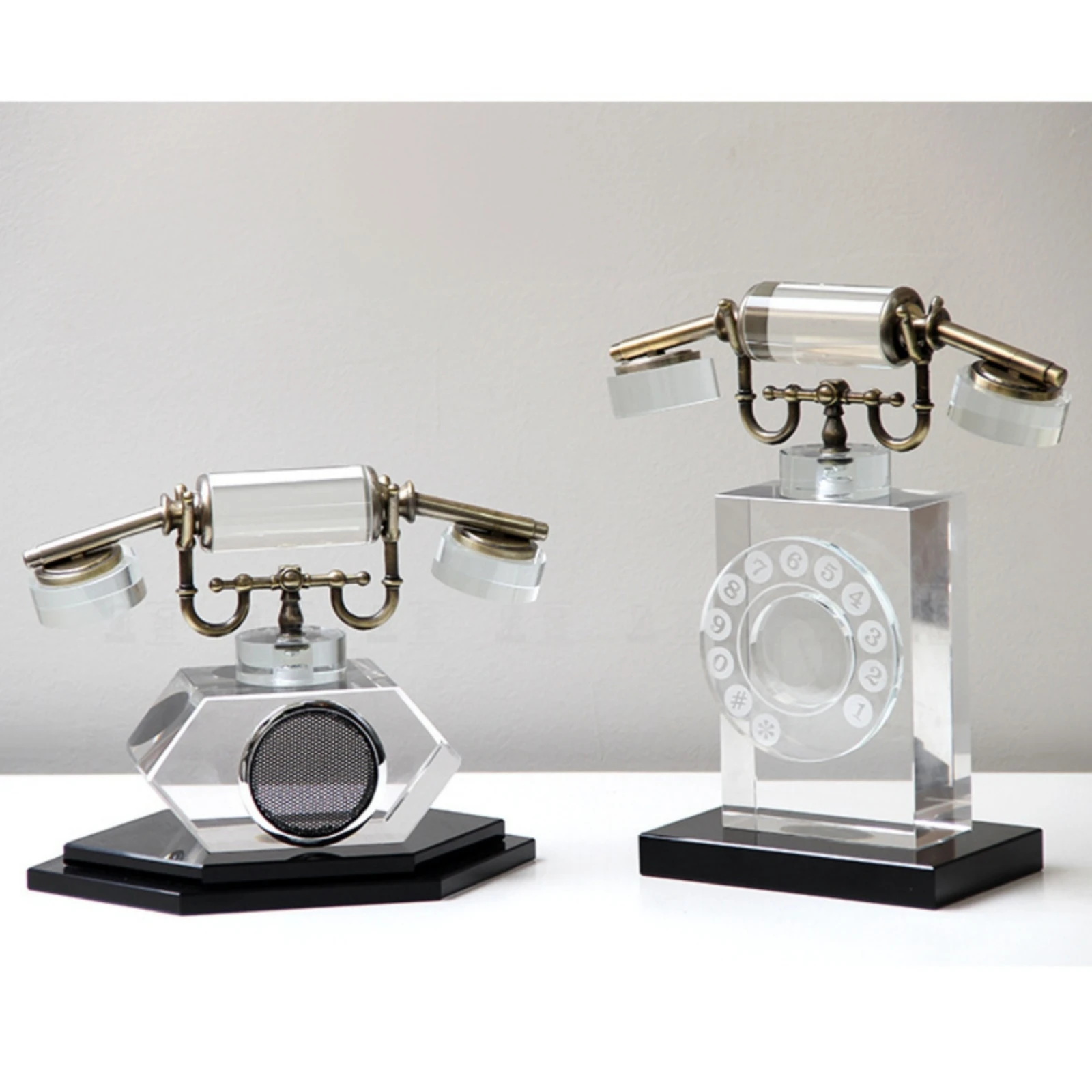 Desktop Telephone Ornament Metal Crystal Telephone Ornament Mini Rotary Phone Polished Table Decoration Compact Size