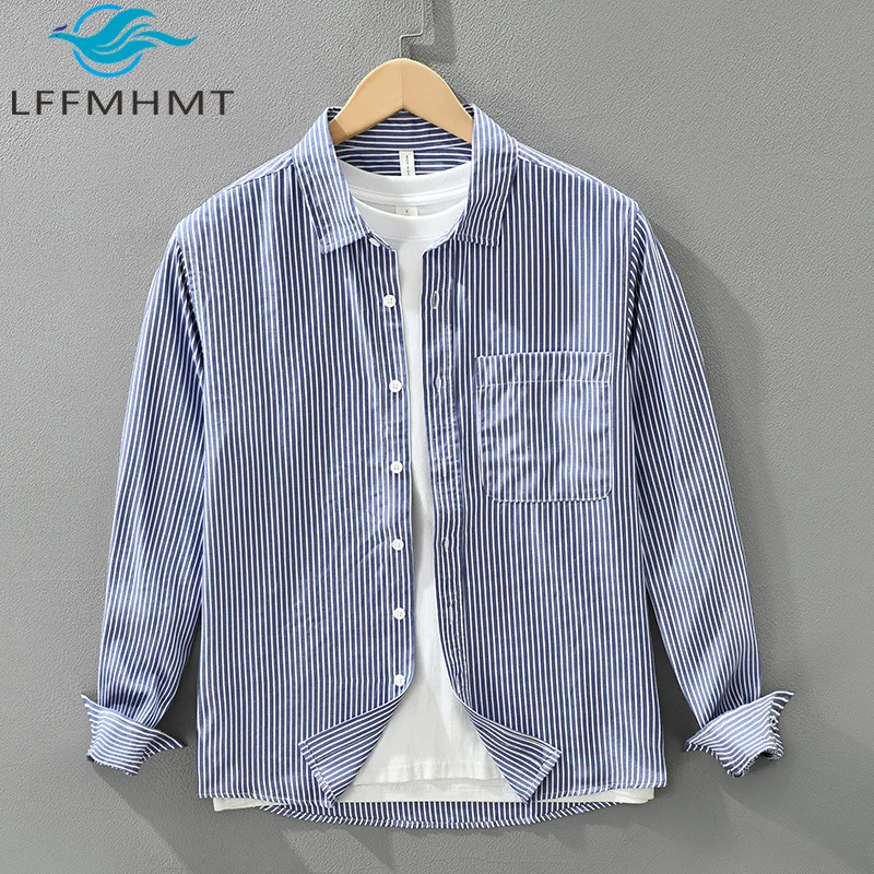 

7872 Мужская классическая хлопковая рубашка в полоску с длинным рукавом на весну и осень, свободный крой, модные универсальные литературные топы в повседневном стиле