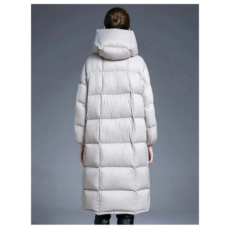 Thickened Hooded Puffer Jacket Women 2025 Winter Mid-Length Down Coats Over-Knee Loose Slim Adjustable A-Line White Duck Parkas