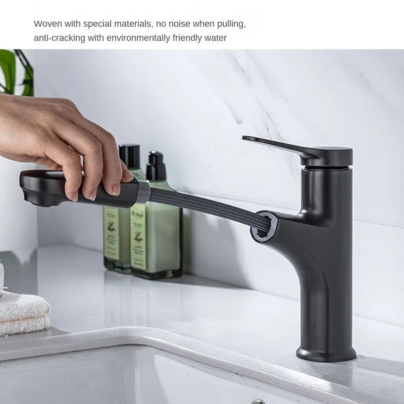 Brass Body Pull Out Basin Faucets Modern Simple Hot Cold Water Tap Deck Mounted Tap Single Handle Sink Mixer Bathroom Accessory