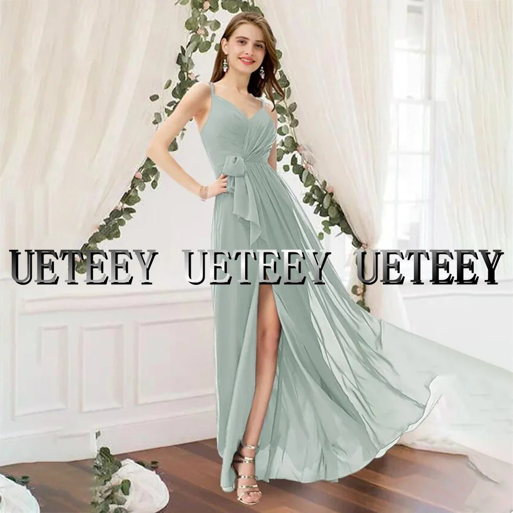 Ueteey elegante chiffon vestido de dama de honra sexy cintas de espaguete sem mangas fenda lateral plissados festa de casamento vestidos escova trem 2022