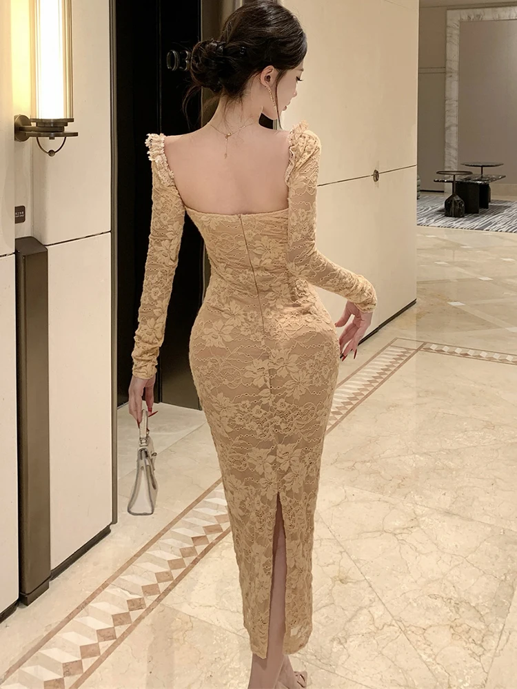 2025 New Lace Jacquard Floral Sqaure Collar Sexy Long Dress Autumn Winter Korean Bodycon Dress Women Elegant Luxury Party Dress
