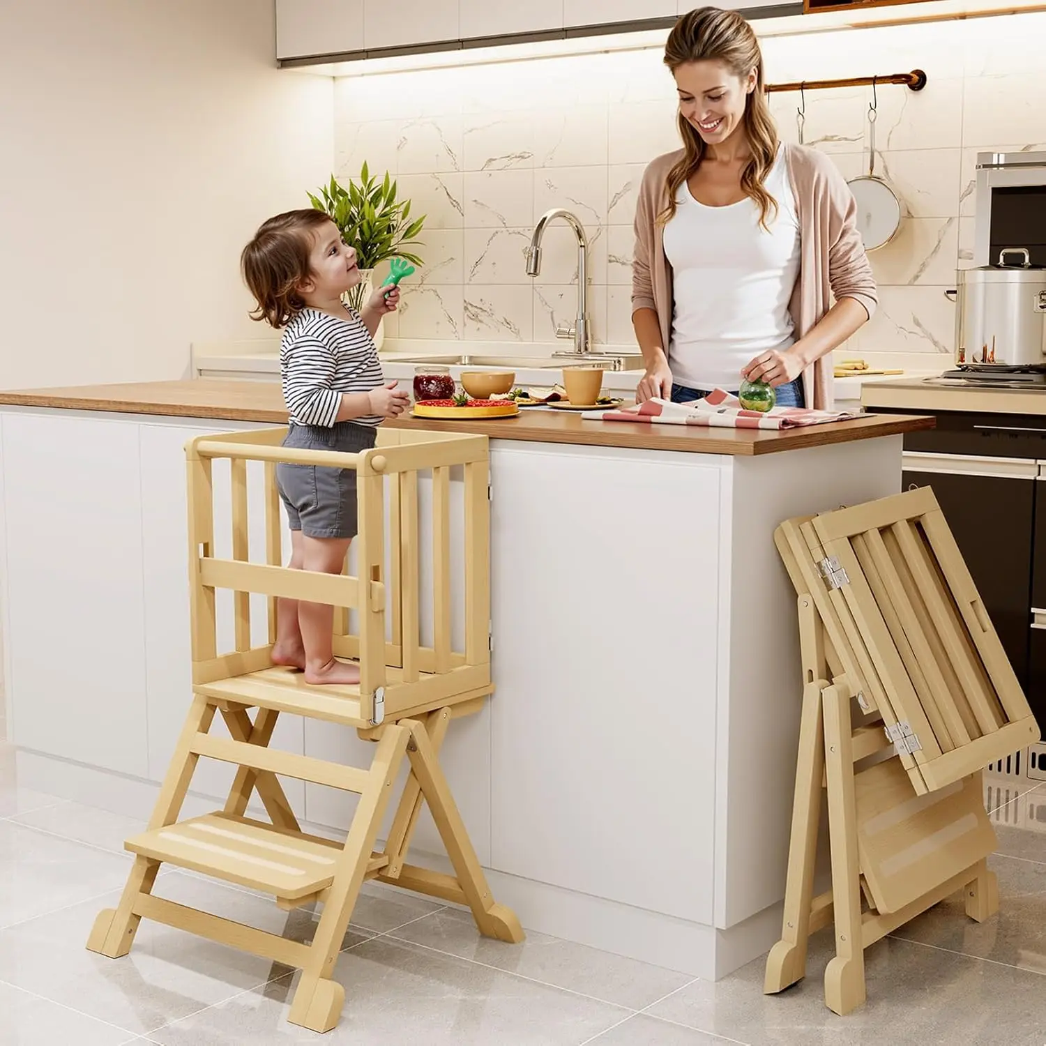 

Toddler Tower Foldable Helper for Kitchen: for Counter - Kitchen Stool Helper for Kids, 1-3 Years Old Boy Girl Gifts, Wood