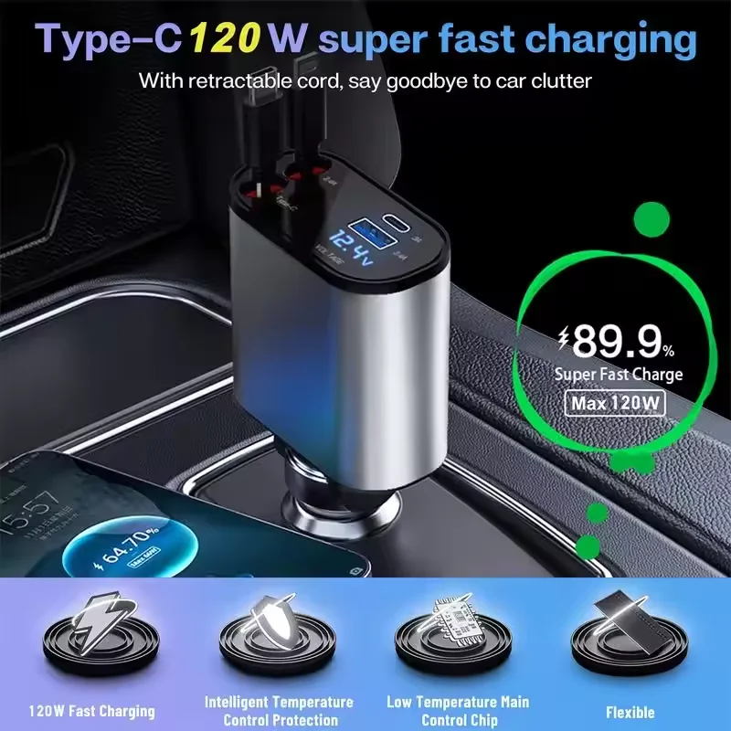 120W 4 in 1 Car Charger Retractable Car Cigarette Lighter Adapter USB Type C Fast Charger Cable For IPhone Xiaomi Huawei Samsung