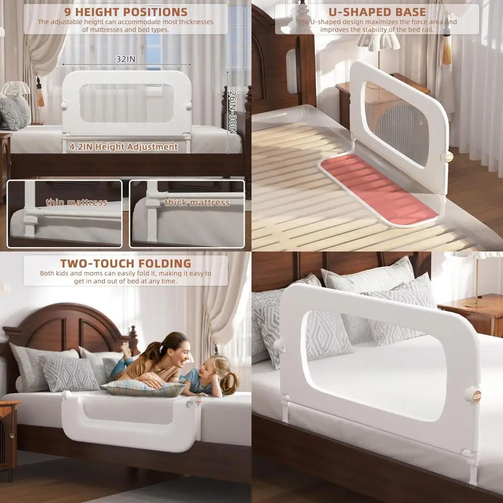 

Height-Adjustable Toddler Bed Rail for Twin, Full, Queen, and King Beds - Reinforced, White, 32