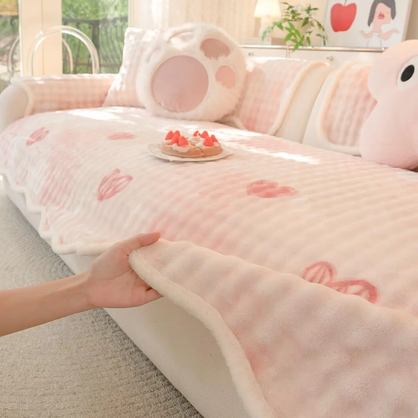 Non-Slip Milk Velvet Sofa Cushion Pads Thickened Cartoon Polka Dot Full Coverage Couch and L Shaped Sectional Sofa Dust Cover