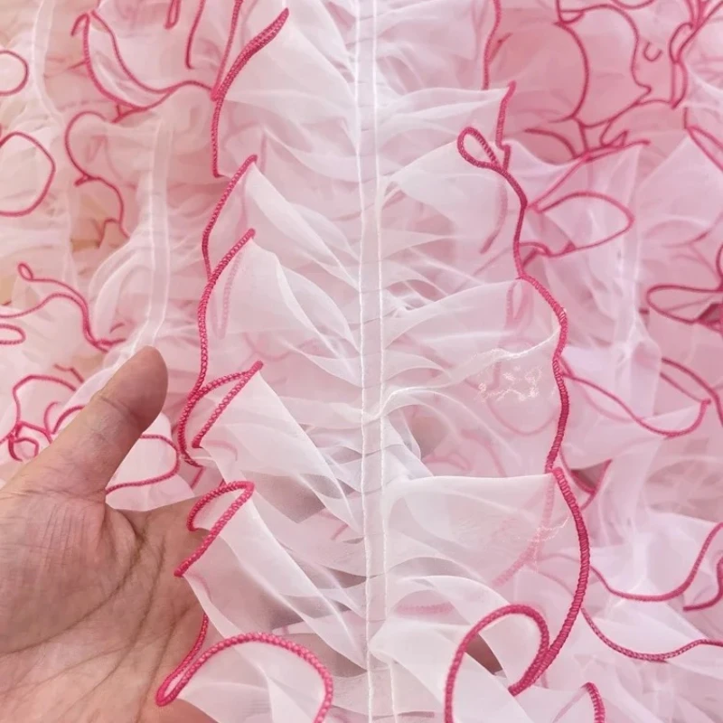 Lace Ribbon Ruffle Trim, Pleated Fabric, White withe Rose, Organza