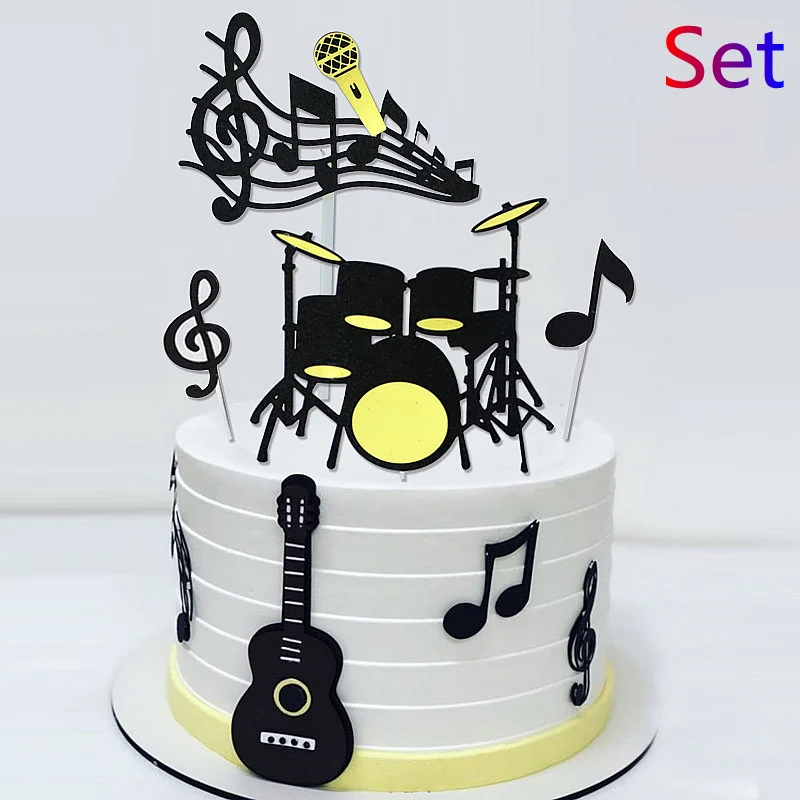 8pcs/Set Birthday Cake Baking Decoration  Music Festival Party  Musical Notation Guitar Drum  Black and White