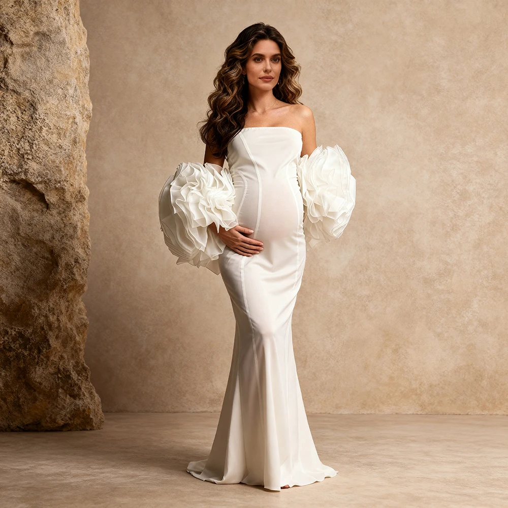 

Elegant Maternity Dress White Strapless Ruffle Sleeve Photo Shoot Dresses Baby Shower Outfit for Pregnant Ladies YW2026030301D