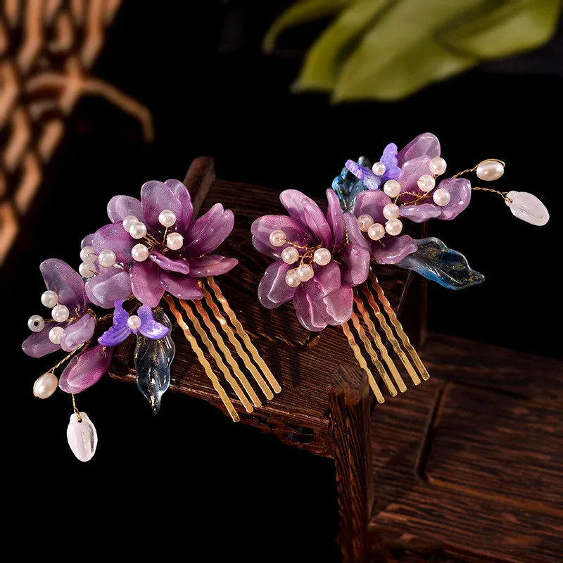 Chinese Glazed Flower Hairpin Purple Floral Hair Comb Fairy Tassel Tiaras Vintage Wedding Accessories Classic Hanfu Hair Jewelry