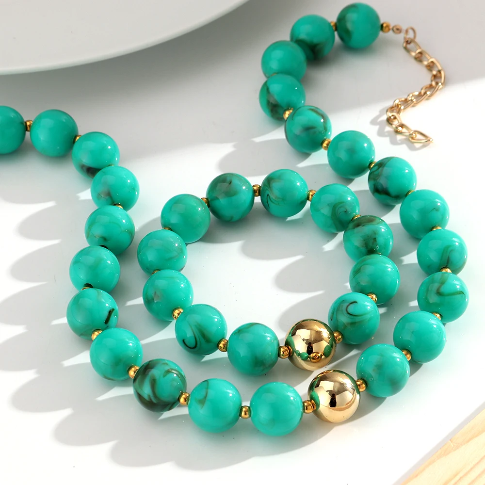 New Resin Round Beaded Chain Necklaces Bracelets for Women Man Statement Marbling Color Acrylic Choker Handmade Jewelry Gift