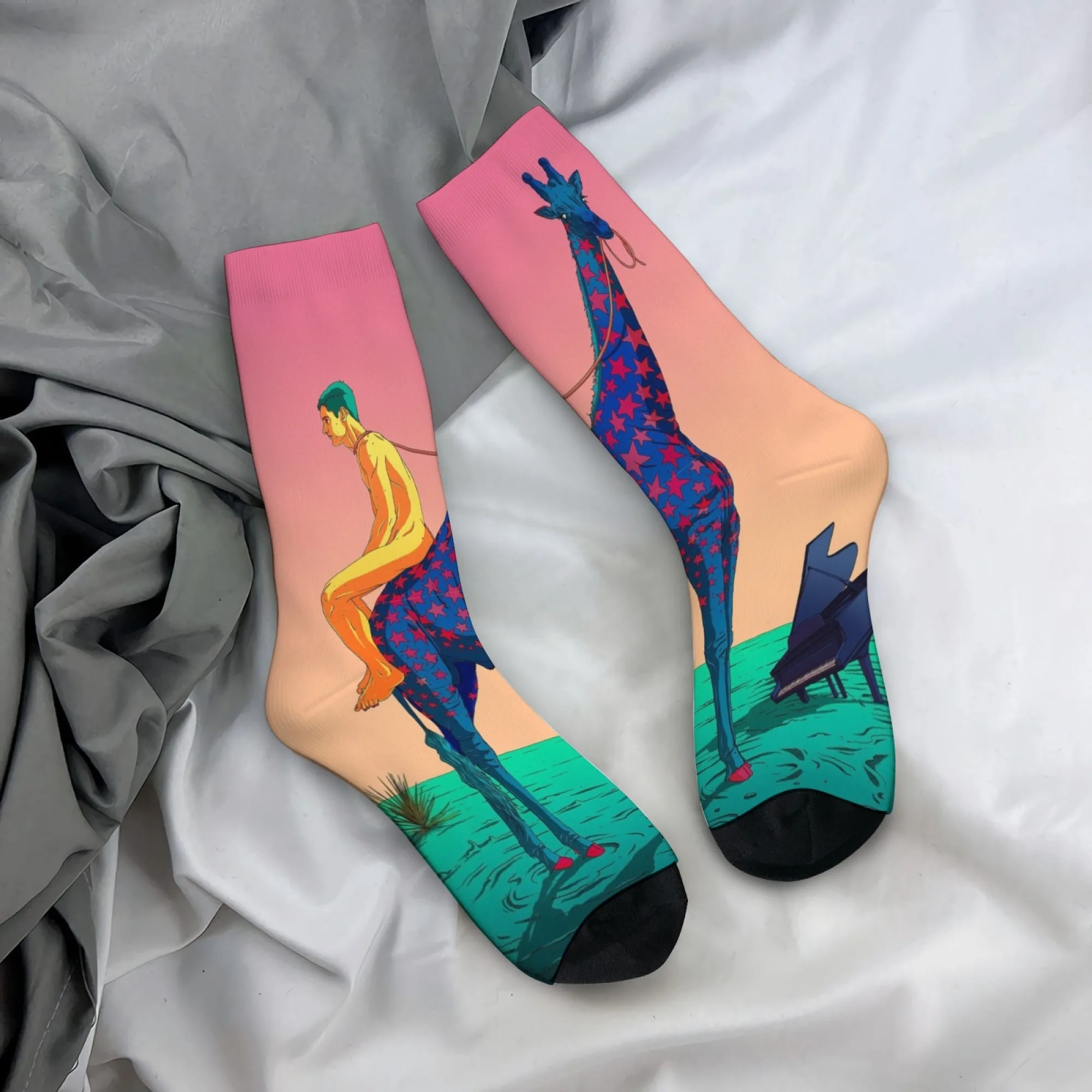 Harajuku Retro Giraffe Leading a Person Print Herrensocken – Roman, Surreal, Fantasy-Stil, Freizeitsocken – verrücktes Partygeschenk