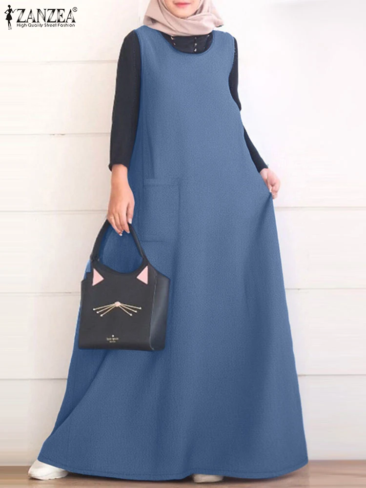 ZANZEA U-Neck Pocket Kaftan Vestidos Vintage Denim Blue Loose Casual Muslim Women Maxi Dress Islamic Hijab Sleeveless Abaya Robe