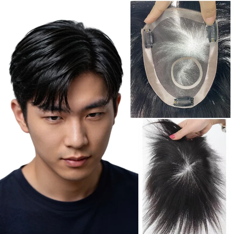 Men Toupee 100% Human Hair Mono Base 6 Inch Length PU Perimeter Lace Inner With Combs Fully Ventilated Natural