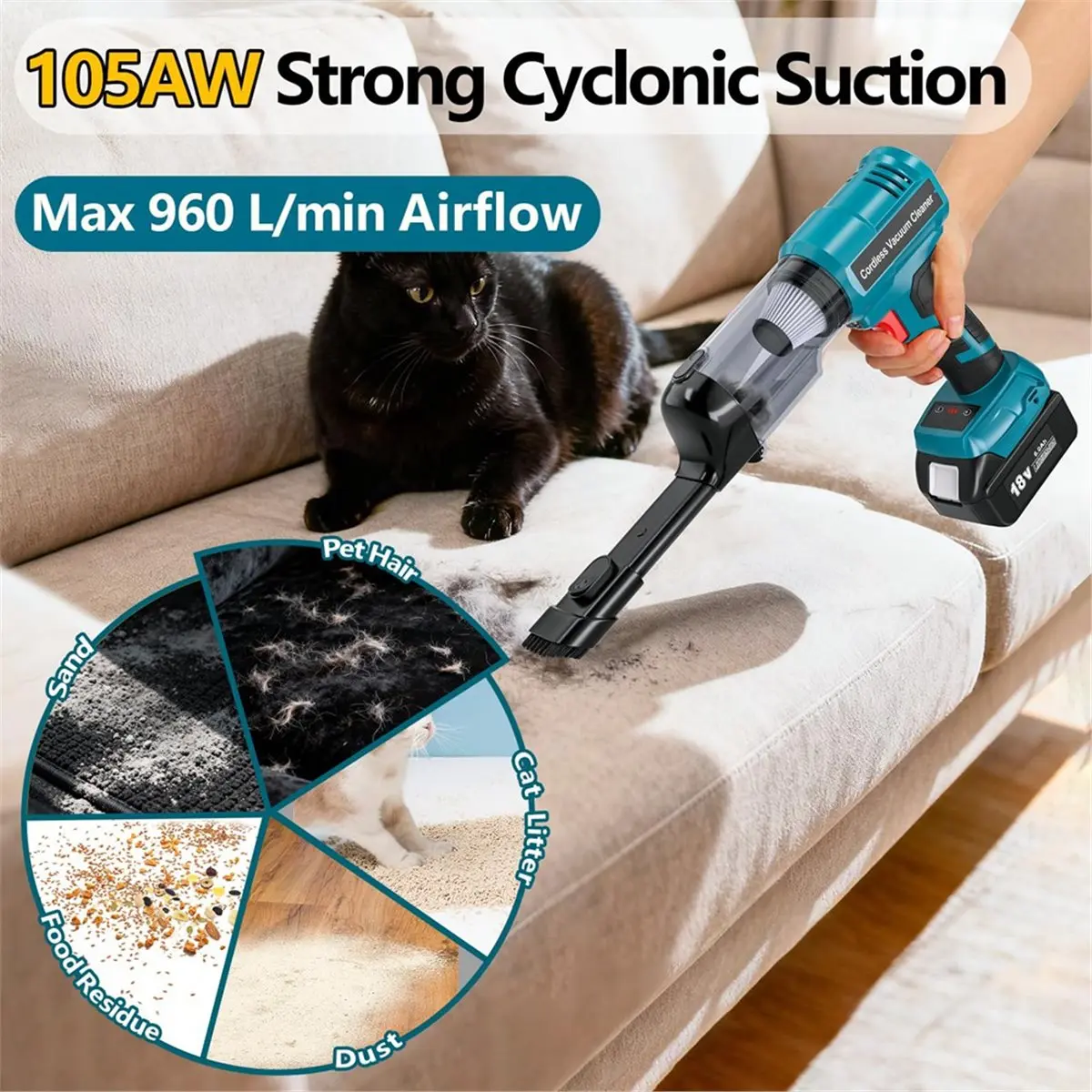 

(ABUB) Для беспроводного пылесоса Bosch 18V с аккумулятором, портативный бесщеточный ручной пылесос с функцией регулировки скорости