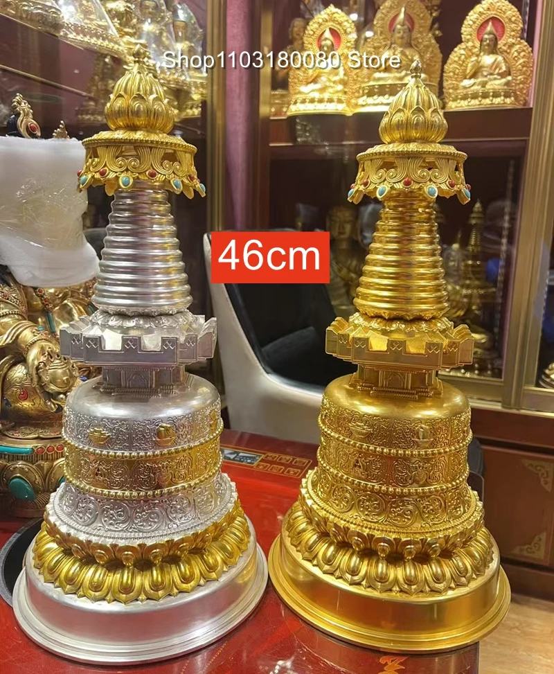 

46cm Copper gilding silvering Kadampa pagoda stupa Tibet Gadangta Bodhi Pagoda sculpture