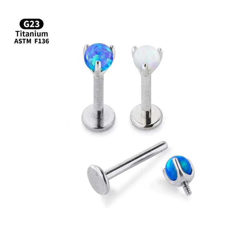 1Pc 16G G23 Grade Titanium Internal Thread Labret With Opal Top And With Flat B…